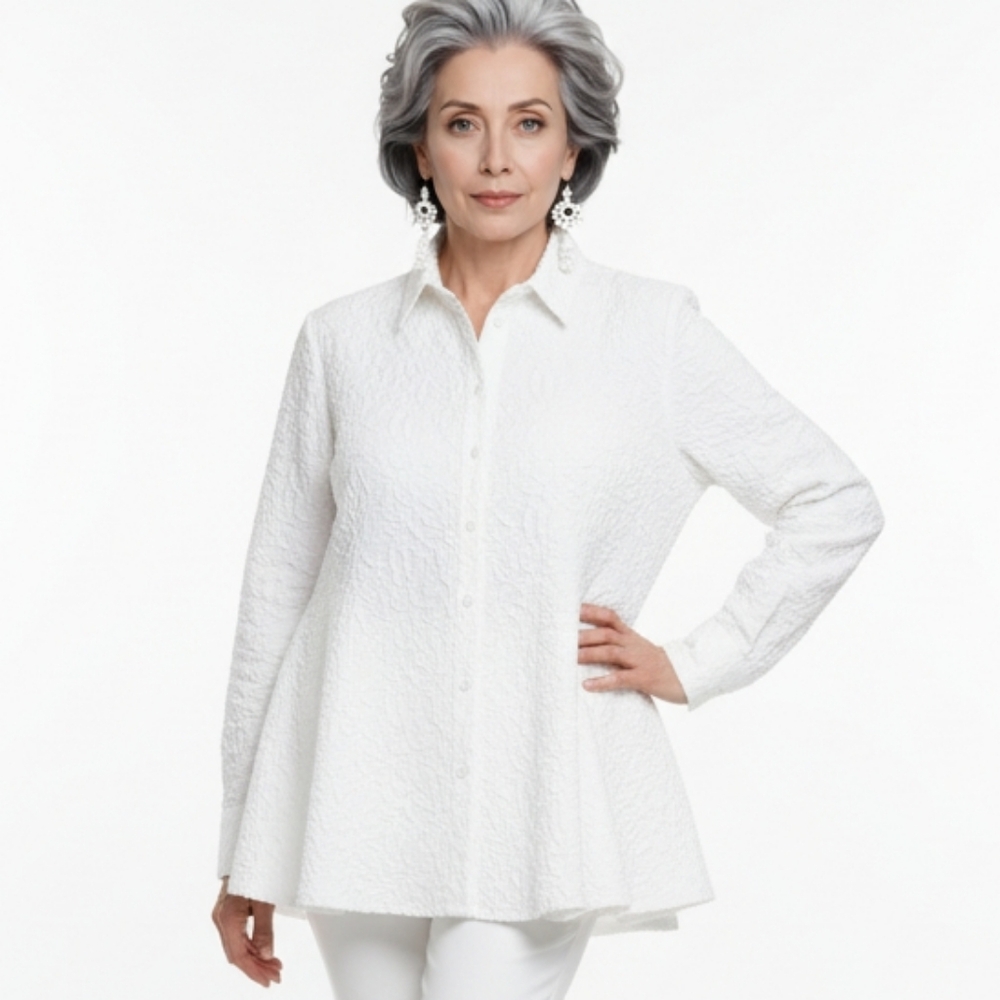 Dress To Kill White Floral Damask Textured Mob Lux Lagenlook Button Down Top OS